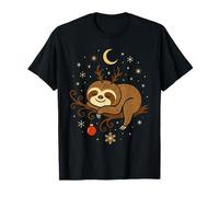 Happy Sleeping Christmas Sloth with Reindeer Antlers Moon T-Shirt