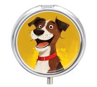 Happy Smiling Dog Pill Box 3 Compartment Travel Pill Organizer 3 Times A Day Cute Mini Pill Case for Purse & Pocket Portable Metal Medicine Box with Mirror Round Daily Medicine Vitamin Container