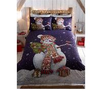 Happy Snowman Christmas Quilt Duvet Cover and 2 Pillowcases Bedding Bed Set, Blue, Double