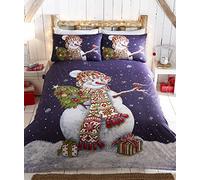 Happy Snowman Christmas Quilt Duvet Cover and 2 Pillowcases Bedding Bed Set, Blue, King