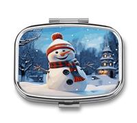 Happy Snowman Pill Box 2 Compartment Small Square Pills Case Portable for Pocket Pill Organizer Travel Metal Pill Holder for Office Home Vitamin Medicine Fish Oil