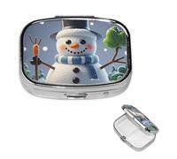 Happy Snowman Pill Box with Mirror, 2 Compartment Small Pill Case for Purse Or Pocket Mini Metal Pill Holder Travel Weekly Medicine Tablet Vitamin Holder Organizer Travel Gifts