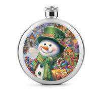 Happy Snowman Wearing A Green Hat Stainless Steel Hip Flask for Liquor, Round Pocket Portable Wine Flask for Drink 5 Oz