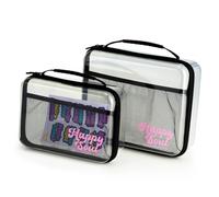 Happy Soul Clear Hard Shell Zipper Case, Travel Makeup Toiletry Bags with Mesh Pocket, Multipurpose Storage Pouch, Handle for Easy Carry, 2 Pack with Free Stickers