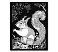 Happy Squirrel in Trees Black and White Drawing Framed Art Print Artery8 Black W12 inch x H16 inch