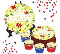 Happy St David's Day 8 INCH Cake or Cupcake Icing Toppers - Celebration Welsh Party Cake Decorations Perfect For Brownies Cookies Muffins & More! (1 x 8 Inch Circle Cake Topper (20.3cm x 20.3cm))