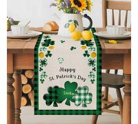 Happy St.Patrick Lucky Shamrock Leaf Table Runner 70 Inches Long,Table Runners Kitchen Dining Tables Decoration for Home Party, Green Checker and Flax Cotton Tables Runner Wedding Dresser Scarf