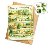 Happy St Patrick’s Day Funny and Sweet St Patrick’s Day Card Cozy Irish Bookshelf Cat Design for Friend or Cat Lover Heartfelt Message Irish Holiday Gift Single 5.3'' x 8'' Folded with Envelope