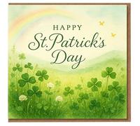 Happy St Patrick's Day Card - Watercolour Shamrocks and Rainbow Meadow Design - Irish Good Luck Greeting