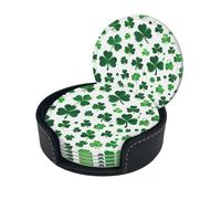 Happy St Patrick'S Day Print 6-Pack Round Leather Coasterspremium Pu Leather Drink Coasters With Storage Box, Easy To Clean, Heat Stain Resistant For Home, Office, And Kitchen Use