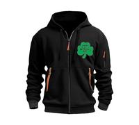 Happy St Patricks Day Sweatshirts for Men Full Zipper Hoodies Funny Shamrock Printed Long Sleeve Pullover Hooded Mens Jumpers Spring Clothes (Black, XL)
