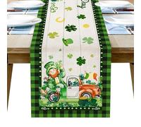 Happy St.Patrick's Day Table Runner, 13x72 Inch Shamrock Linen Irish Day Gnome Tablecloth Decorations for Home Party Decor Indoor Outdoor (Green-Truck)