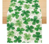 Happy St. Patrick's Day Table Runner, Green Shamrock Linen Burlap Table Runners, Irish Saint Paddy's Day Decorations for Home Kitchen Dining Room Party Decor, Watercolor, 13 x 72 Inch