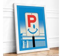 Happy Street Sign Modern Framed Wall Art Print A2 (59.4×42cm) White, Wall Decor for Living Room, Bedroom, Office & Home, Ready to Hang, Art Gift