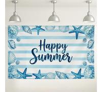 Happy Summer Beach Backdrop, Nautical Striped Ocean Decor, Blue Shells and Starfish Photography Background for Summer Party Events 71x43 Inch
