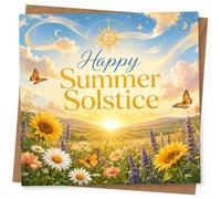 Happy Summer Solstice Greeting Card, Celestial Sun and Floral Meadow Design for Seasonal Celebration