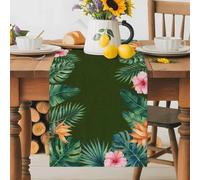 Happy Summer Table Runner 13x108 Inches Long Country Tropical Watercolor Forest Green Leaf Pink Flower Cotton Linen Table Runner Burlap Style for Dinner Table Party Decor Tabletop Decorations
