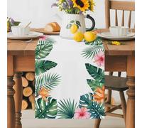 Happy Summer Table Runner 13x70 Inches Long Country Tropical Watercolor Forest Green Leaf Pink Floral Cotton Linen Table Runner Burlap Style for Dinner Table Party Decor Tabletop Decorations