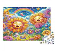 Happy Sun Moon Flowers 1000pcs Jigsaw Puzzle for Adults, Recycled Paper, Non-Reflective Surface, Sunflower Rainbow, Educational Family Fun, Improves Concentration & Problem-Solving 70x50cm/1000pcs