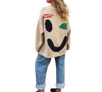 Happy Sunday Feel Good Knit Jumpers, Women’s Colorful Loose Crew Neck Pullover Sweater, Casual Comfy Jumper Tops for Couple (Color : Ecru Multi Coloured Face, Size : XL)