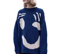 Happy Sunday Feel Good Knit Jumpers, Women’s Colorful Loose Crew Neck Pullover Sweater, Casual Comfy Jumper Tops for Couple (Color : Navy Blue, Size : XL)