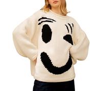 Happy Sunday Feel Good Knit Jumpers, Women’s Colorful Loose Crew Neck Pullover Sweater, Casual Comfy Jumper Tops for Couple (Color : White, Size : XL)