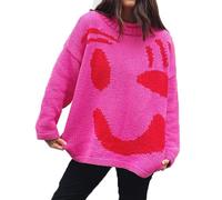 Happy Sunday Feel Good Knit Jumpers, Women’s Colorful Loose Crew Neck Pullover Sweater, Casual Comfy Jumper Tops for Couple (Color : Pink, Size : L)