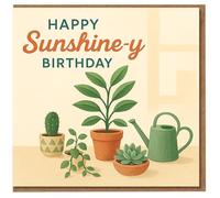 Happy Sunshine-y Birthday Card - Illustrated Houseplants and Watering Can Design, Cheerful Card for Plant Lovers, Gardeners, Friends & Family