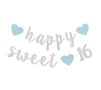 Happy Sweet 16 Banner 16th Birthday Party Sign Decoration Bunting - Glitter Silver