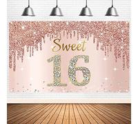 Happy Sweet 16 Banner Backdrop Decorations for Girls, Rose Gold Party Sign Supplies, Pink Sixteen Poster Background Photo Booth Props Decor