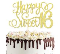 Happy Sweet 16th Cake Topper, 1Pcs Glitter Sweet 16 Birthday Decorations Suitable for Happy 16th Birthday Anniversary Party Decorations Supplies -Gold