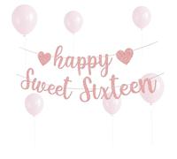 Happy Sweet Sixteen Birthday Banner Rose Gold Sweet Party Decorations, 16th Theme Happy Birthday Hanging Bunting, Girls Glitter Sweet Party Memorial Decoration Supplies
