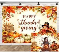 Happy Thanksgiving Backdrop 7x5ft, Fall Backdrops for Photography Cartoon Turkey Pumpkin Maple Leaf Fall Harvest Photo Background, Autumn Holiday Party Outdoor Wall Decor Background Cloth