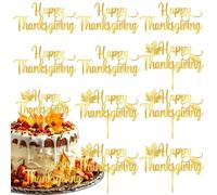 Happy Thanksgiving Cake Toppers Fall Gold Maple Leaf Side Cake Decoration | 10 Pcs Autumn Leaves Acrylic Mirror Letter Cupcake Topper Cake Picks for Autumn Party Cake Dessert Decoration Supplies