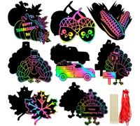 Happy Thanksgiving Day Scrath Cut-Outs Cards Kit - Turkey Scratch Paper Craft Kit - Fall Harvest Decoration Craft Cards - Giving Thanks Hanging Ornaments Card Birthday Party Essential Cards