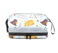 Happy Thanksgiving Feast Pattern Double Layer Cosmetic Bag for Women and Girls, Travel Toiletry Bag Makeup Handy Pouch Organiser Bag with Brush Compartment