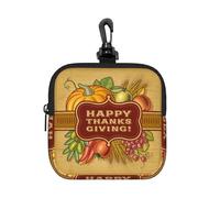 Happy Thanksgiving Square Zipper Pouch with All-Over Print,Waterproof Rubber-Fabric, Lightweight Durable Small Organizer Bag for Coins, Cards, Keys
