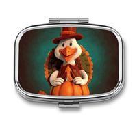 Happy Thanksgiving Turkey Pill Box 2 Compartment, Portable Pill Case with Mirror for Pocket Purse Travel, Mini Metal Medicine Organizer for Vitamins Fish Oil