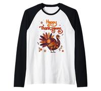 Happy Thanksgiving with Autumn Leaf Turkey Art Raglan Baseball Tee