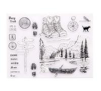 Happy Trails Time to Explore Mountains Trees Footprint Adventure Journey Rubber Stamps Clear Stamps for Card Making Decoration and DIY Scrapbooking Rubber Stamps for Crafts