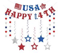 Happy USA 4th of July Banner, Independence Day Banner, Star Pendants, Red & Blue Hanging Bunting, American Party Decoration for Veterans Day July Fourth Patriotic Party School Home Party Decor