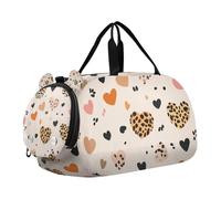 Happy Valentine Cartoon Brown Leopard Heart Duffel Bag with Shoes Compartment Lightweight Weekender Overnight Dance Bag for Boys and Girls
