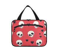 Happy Valentine Cartoon Heart Cartoon Skull Red Hanging Travel Toiletry Bags for Women with Hook, Designer Waterproof Bags with Zipper for Travel Accessories Vacation bolso de