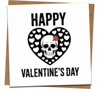 Happy Valentine’s Day Skull Heart Greeting Card, 145mm x 145mm Square, Gothic Romantic Design with Rose, Blank Inside, Includes Kraft Envelope for Him Her