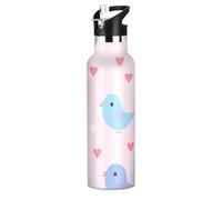 Happy Valentine's Cartoon Heart Cartoon Bird Leakproof BPA Free Reusable Water Bottles 20 Oz with Straw Lid Double Wall Vacuum Insulated Bottles for School and Outdoor Sports