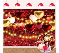 Happy Valentine's Day Backdrop 7x5FT Glitter Red Love Heart Balloons Rose Floral Wall Photography Background for Wedding Anniversary Bridal Shower Valentine's Day Theme Background