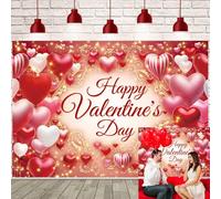 Happy Valentines Day Backdrop Romantic Red Love Heart Ballon Photography Background Valentines Banner Photo Booth Studio Props (7x5FT（210x150cm）)