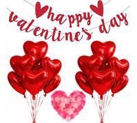 Happy Valentines Day Banner, Valentines Decorations, Valentine's Day Red Love Set with Banner, Red Heart Balloons and Heart Confetti, for Wedding Valentines Day Anniversary Party Decorations (14 PCS)