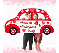 Happy Valentine's Day Car Shaped Photo Prop Selfie Frame Romantic Red Valentines Decor Large Fabric Cute Car Love Heart Backdrop Valentine Photo Booth Frame for Wedding Party Holiday Decor 71x39inch