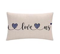 Happy Valentine's Day Lumbar Pillow Cover I Love Us Navy Blue Buffalo Check Love Heart Decorations Rectangular/Waist Cushion Covers Romantic Gift Anniversary Wedding Holiday Pillowcases 12”x20”